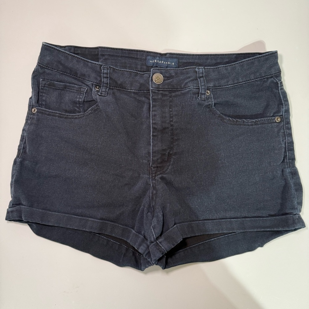 Aeropostale High Waisted Midi Washed Black Denim Shorts Stretch Size 14